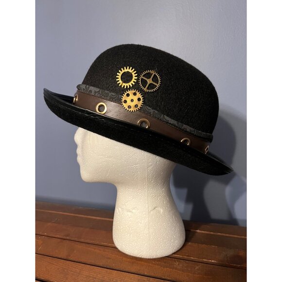 Steampunk‎ Bowler Black Hat OS With Gears Halloween Costumes Cosplay Dress Up - Picture 2 of 5